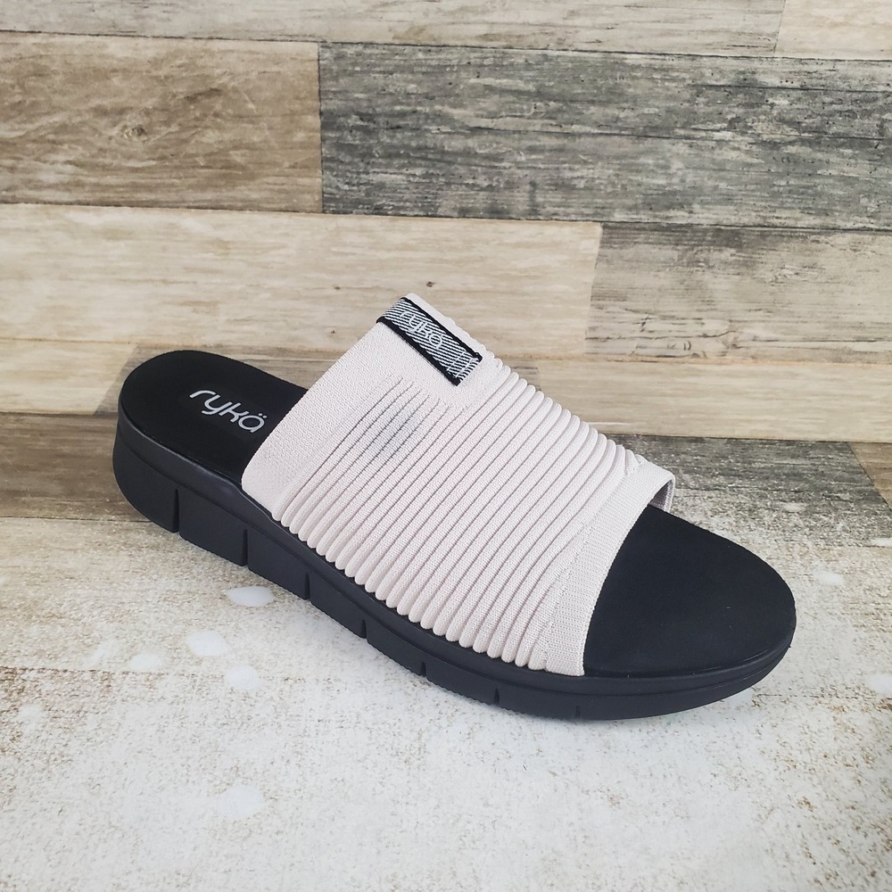 Ryka Epic Womens Slide Sandals Sz 11 W White Alyssum Black Knit Slip On Open Toe